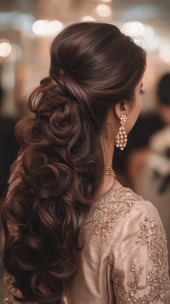 A woman with rich, chocolate-brown hair styled into a voluminous curly ponytail. The curls add movement and elegance.