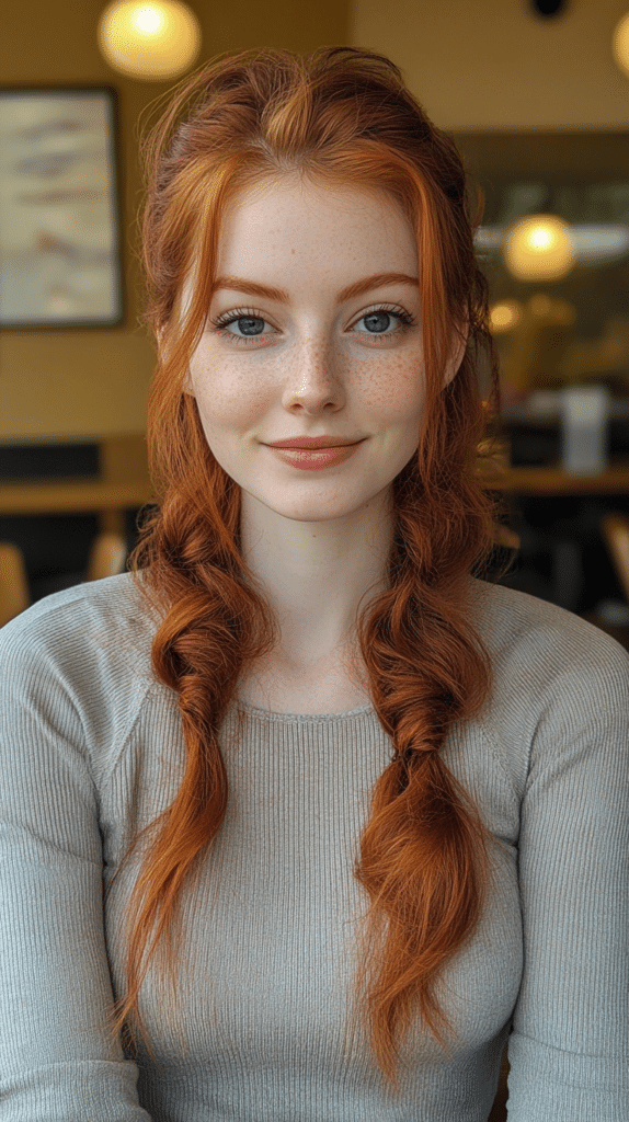 A woman with auburn hair styled into a ponytail, with twisted sections on either side of her face leading into the ponytail.