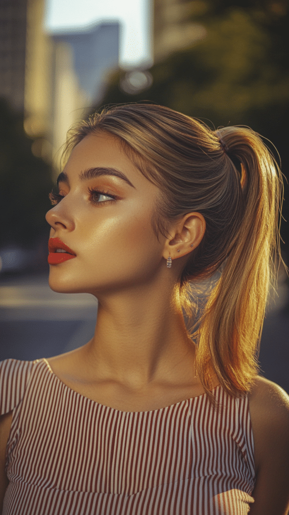 A woman with shoulder-length honey-blonde hair styled into a sleek ponytail with a distinct zigzag part.