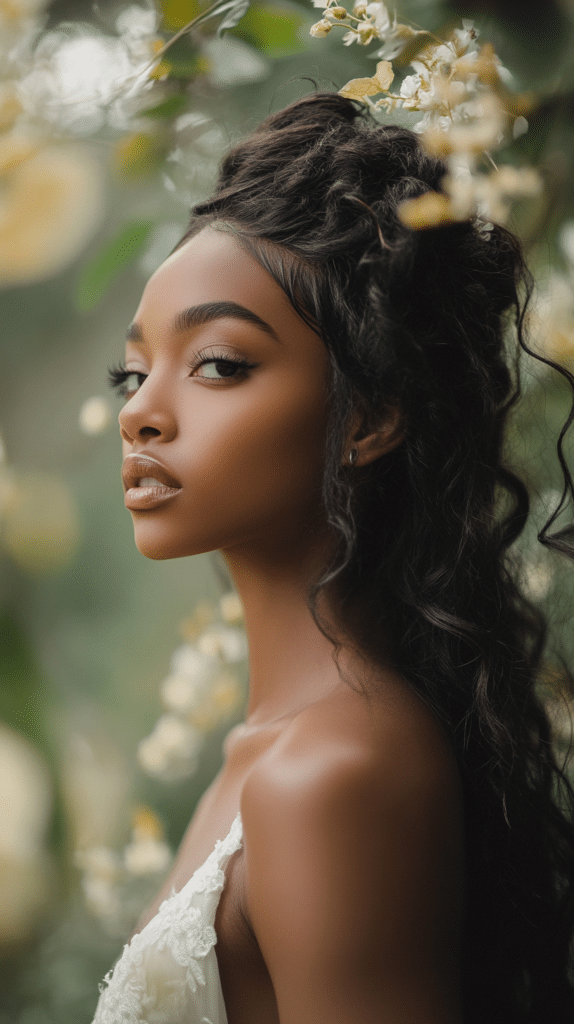A bride with long, loose curls styled in a half-up twisted crown for a romantic wedding look. The hairstyle is captured in natural lighting.