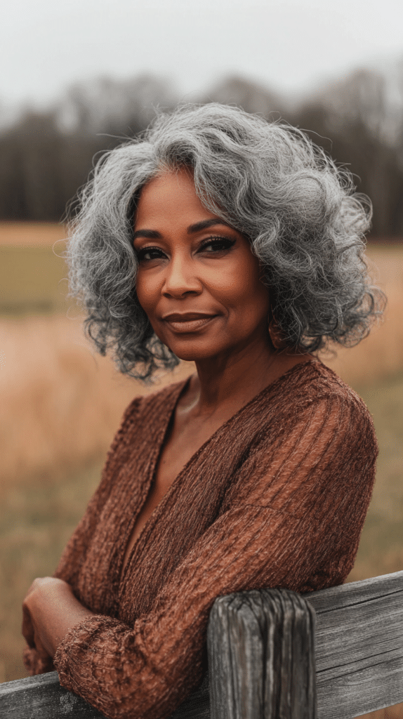 A 62-year-old Black woman with salt-and-pepper waves styled with soft layers, leaning on a wooden fence in a field.