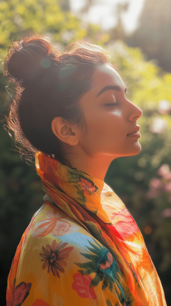 A woman with a bun wrapped in a colorful scarf