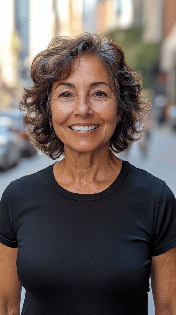 A 60-year-old woman with light olive skin and dark, defined curls in a short bob hairstyle, smiling outdoors on a city street.