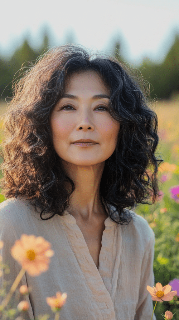 A 58-year-old Asian woman with shoulder-length curls and layers for added volume, standing in a flower-filled meadow.