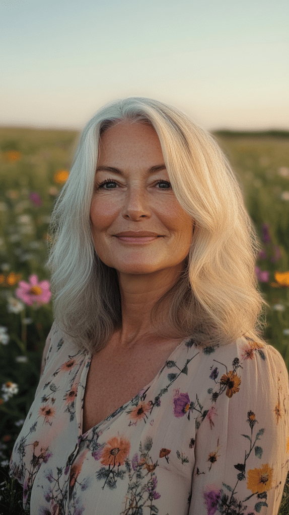 A 61-year-old white woman with shoulder-length waves shining under the sun, standing in a field of wildflowers.