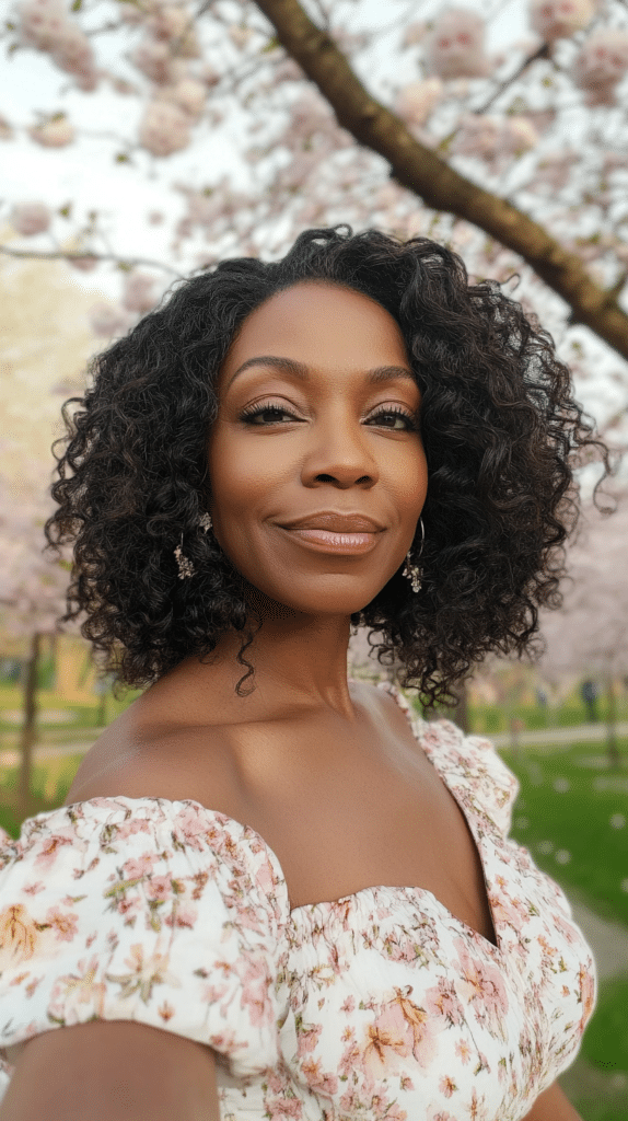 A woman with shoulder-length curls swept to one side