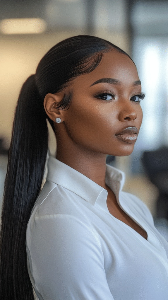 A woman with long, straight hair styled into a sleek side-swept ponytail. The hair is glossy and frames one side of her face beautifully.