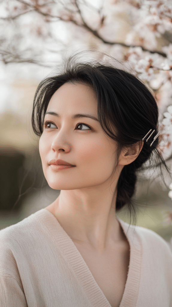 A woman with dark hair styled into a claw clip updo