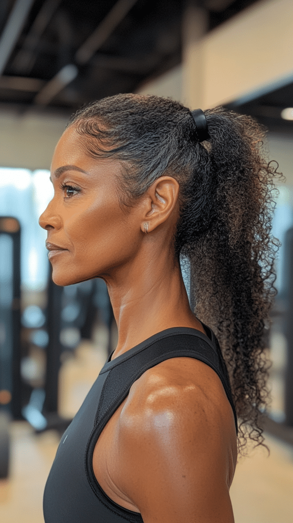 A woman with curly hair styled into a low ponytail secured with wrapped elastic sections for extra hold.