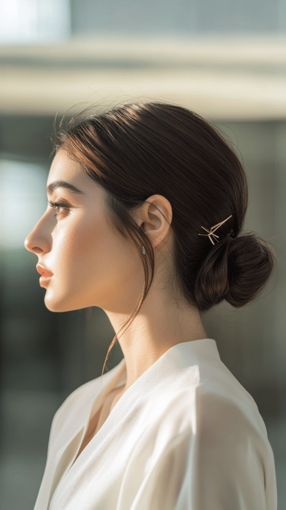 A bride with a sleek, low bun adorned with modern geometric hairpins. The hair is smooth and polished, with the accessories adding a unique touch.