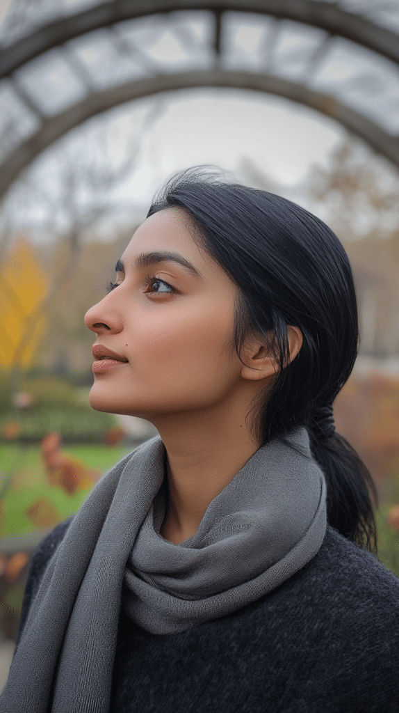 A woman with jet-black hair styled into a sleek low ponytail