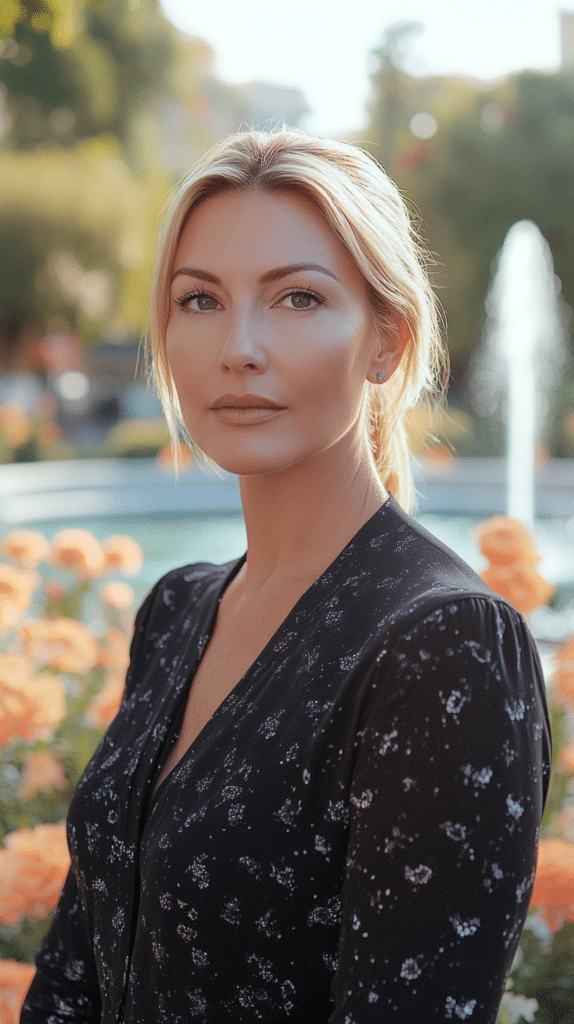 A woman with blonde hair styled into a sleek, slicked-back look