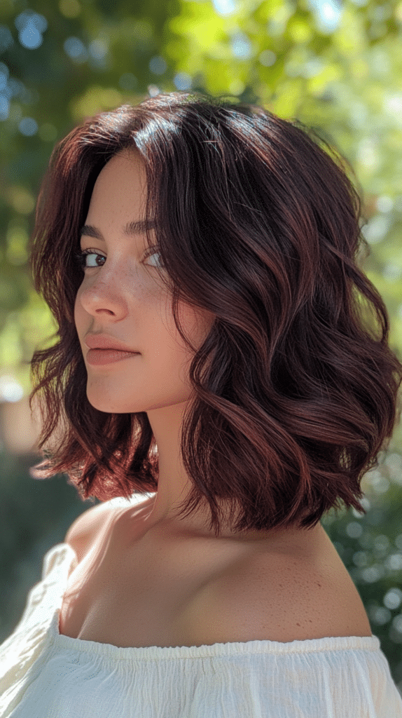 A woman in her mid-30s with medium brown skin and shoulder-length wavy dark brown hair featuring soft red highlights, glowing in natural sunlight.