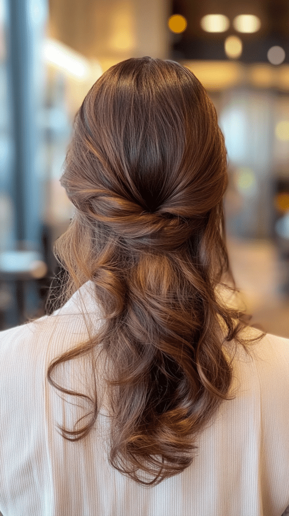 A woman with chestnut-brown hair styled into a soft wavy ponytail. The waves give movement while keeping a professional look.