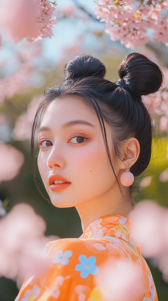 A woman with straight black hair styled into playful space buns