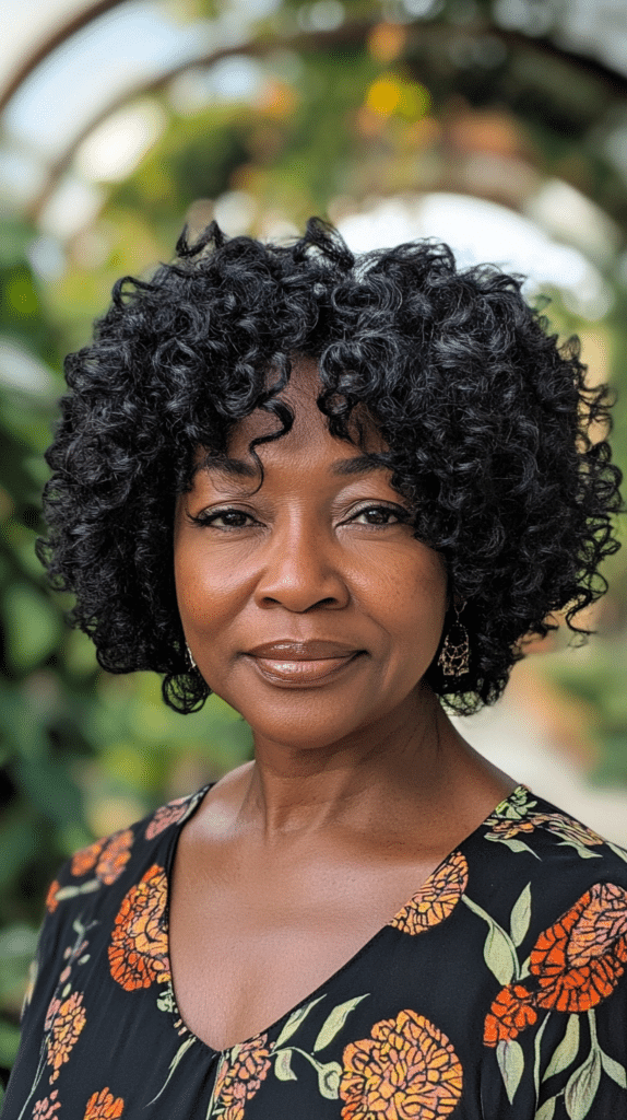 A 55-year-old Black woman with a stacked curly bob that adds volume at the crown, standing near a garden archway.