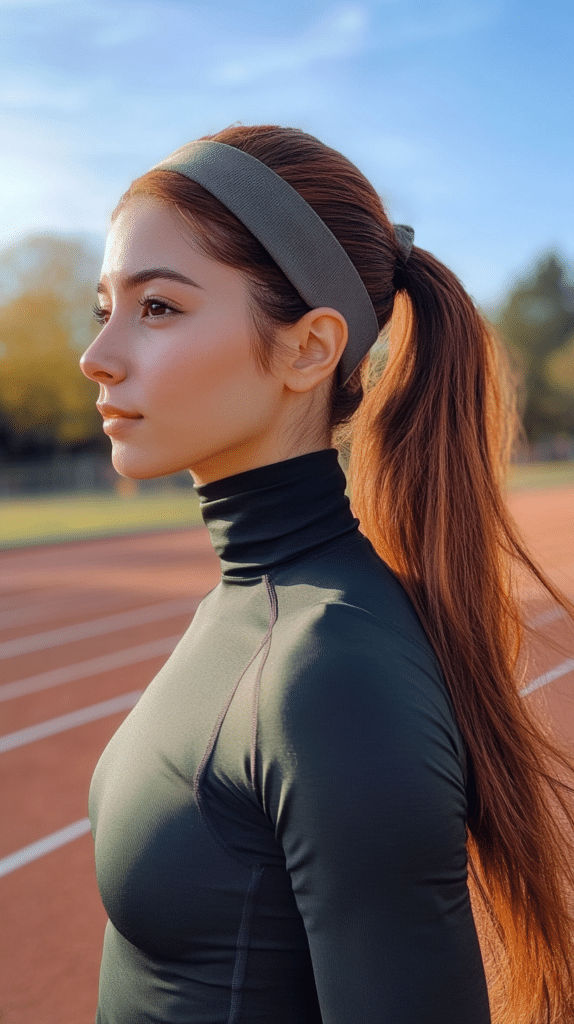 A woman with thick, chestnut-brown hair styled into a sleek, sweatproof low ponytail secured with a sporty headband.