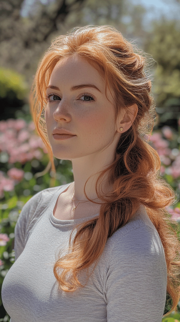 A woman with strawberry blonde hair styled into a textured high ponytail