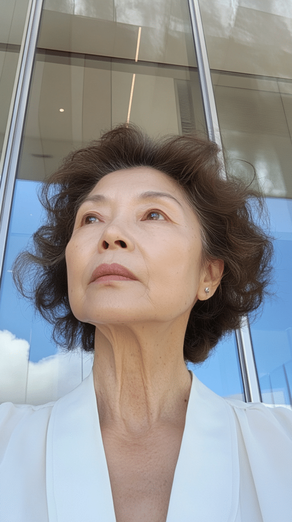 A 57-year-old Asian woman with a textured short cut and soft, natural curls, standing outside a library.
