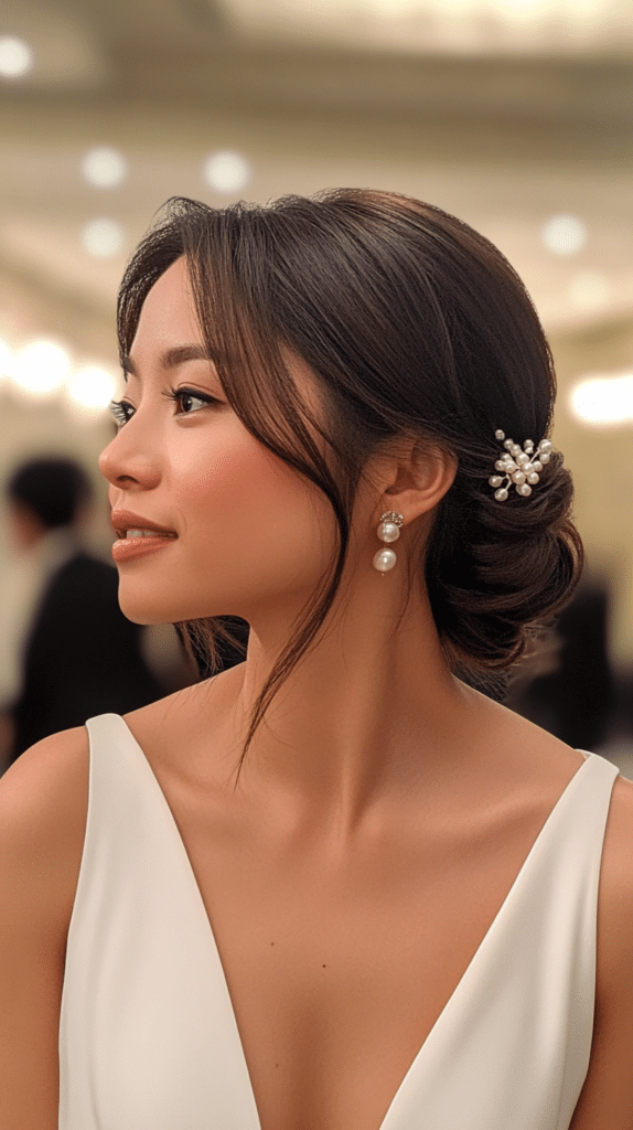 A bride with a classic low chignon hairstyle, smooth and polished, adorned with pearl pins. The background is softly blurred to highlight the hairstyle.