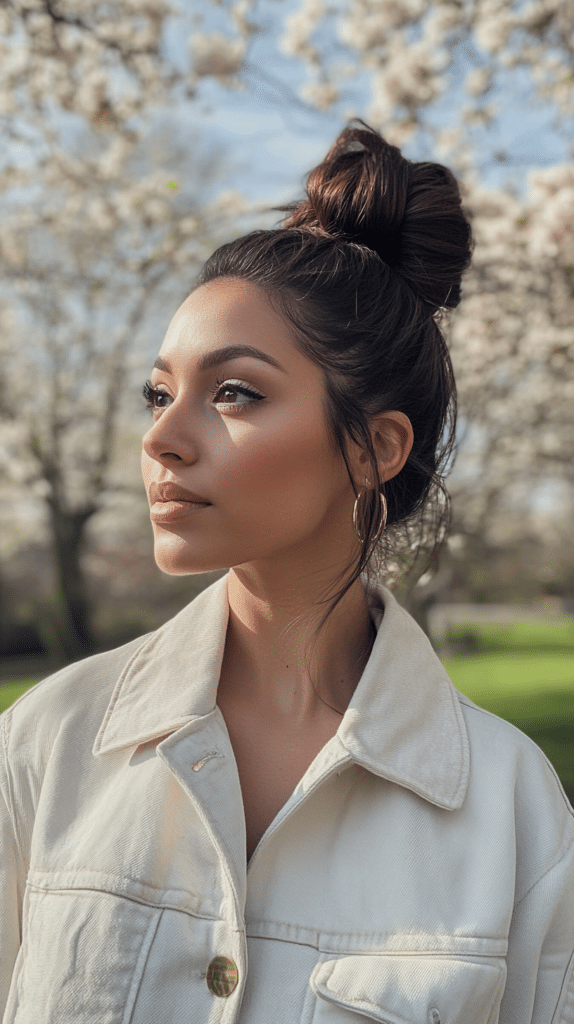 A woman with dark brown hair styled into a sleek top knot