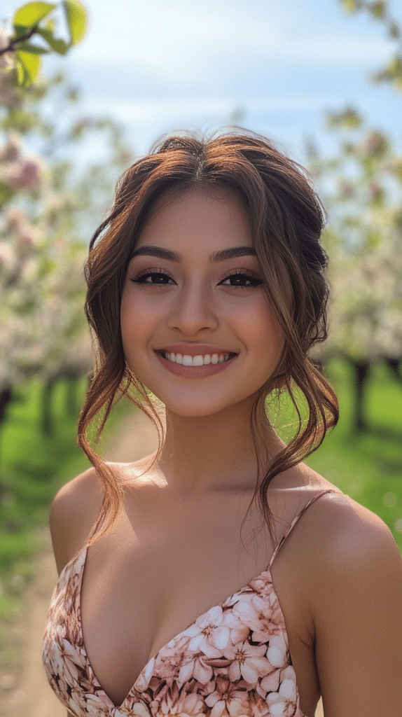 A woman with chestnut brown hair styled into a twisted half-updo