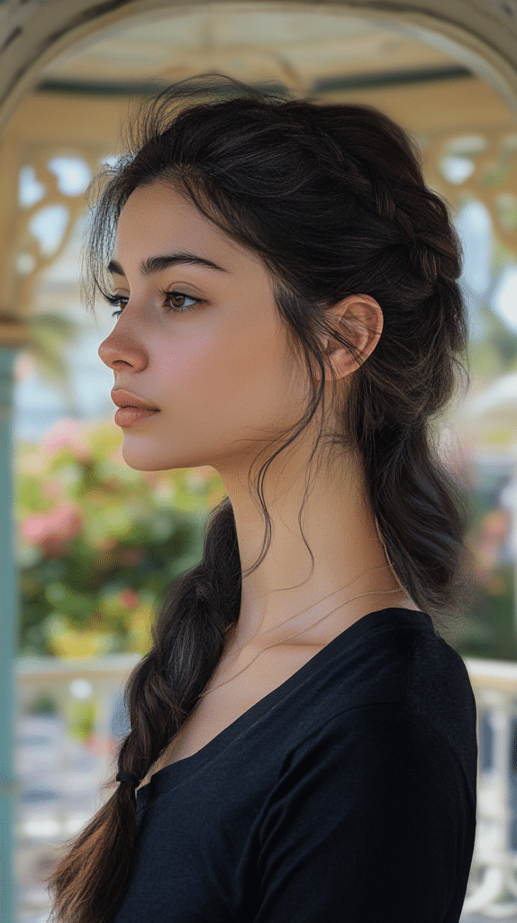 A woman with thick dark brown hair styled into a twisted ponytail