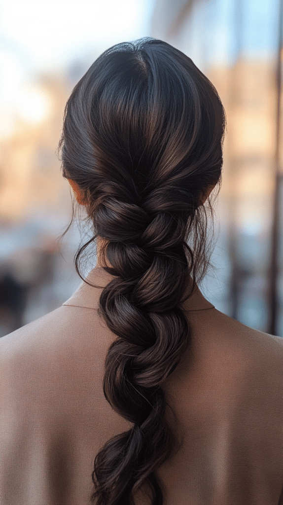 A woman with dark brown wavy hair styled into a twisted ponytail. Two sections are twisted together before being secured into a ponytail at the back.