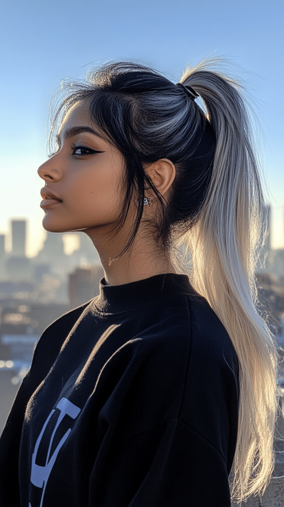 A woman with an edgy two-tone ponytail, the top layer of her hair jet black and the underlayer platinum blonde.