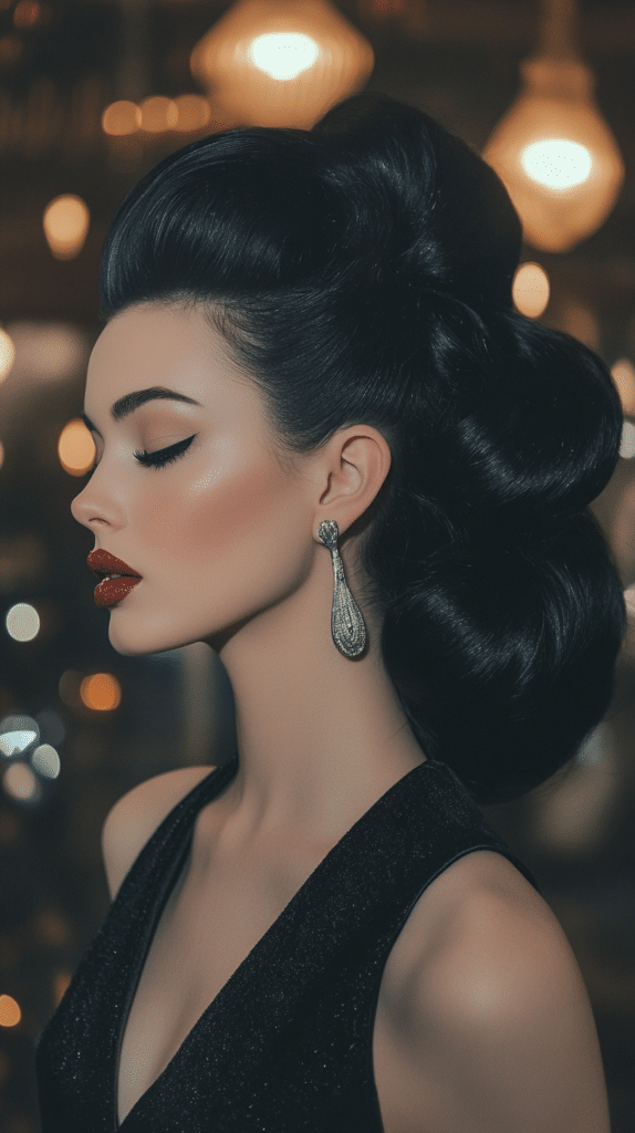 A woman with classic jet-black hair styled into a vintage-inspired high ponytail with perfectly flipped-out ends, inspired by 1960s Hollywood glamour.