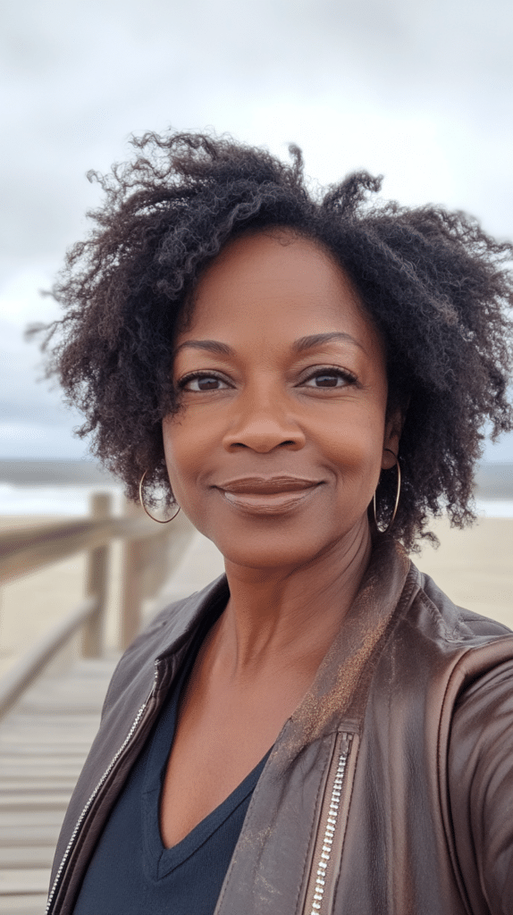 A 53-year-old Black woman with short, wash-and-go curls styled effortlessly, standing near a beach boardwalk.