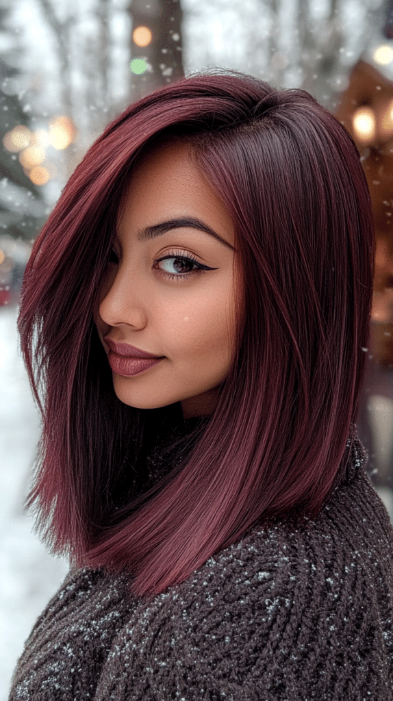 A woman in her late 30s with deep brown skin and medium-length straight dark brown hair featuring burgundy red tint, glowing in a snowy outdoor market.