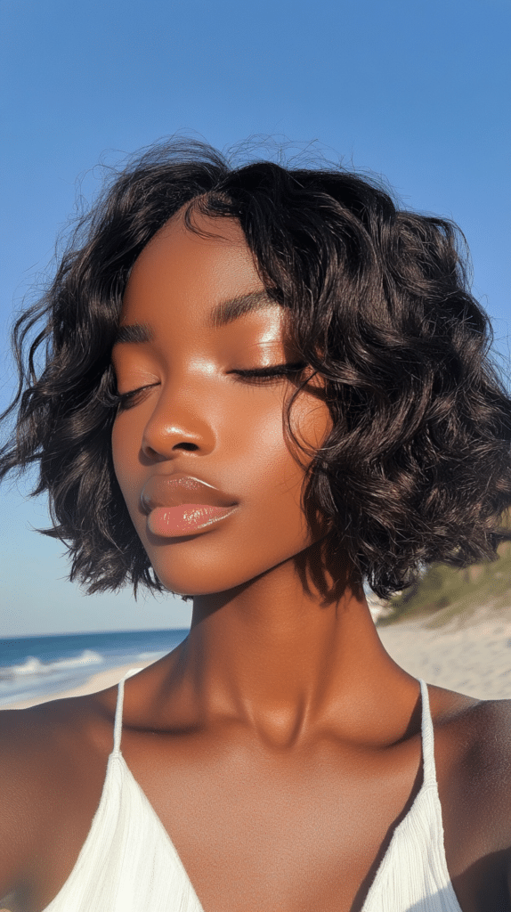 A woman with short, textured crimper waves standing