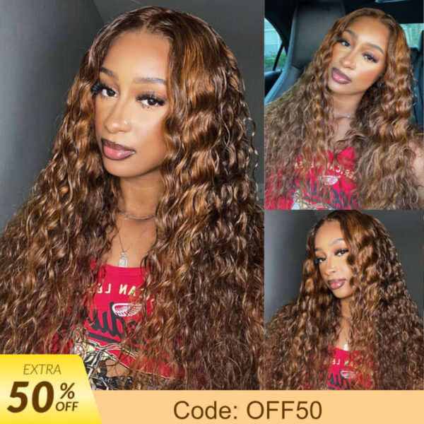 Extra 50% Off Sunber Piano Brown Highlight 13 By 4 Pre-Everything Lace Frontal Wigs Water Wave Human Hair - 18 / 13*5*0.5 T Part Lace Front