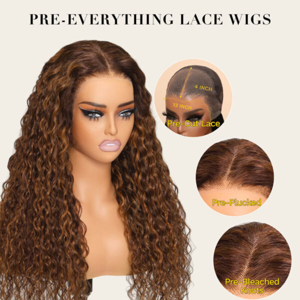 Extra 70% Off Sunber Piano Brown Highlight 13 By 4 Pre-Everything Lace Frontal Wigs Water Wave Human Hair - 18 / 13*4 Pre-Everything Frontal