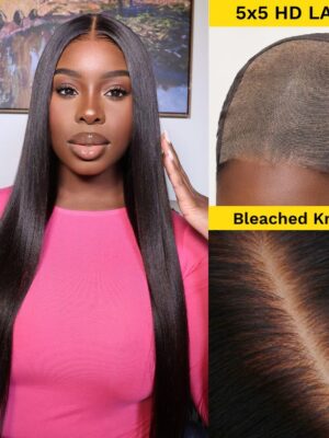 5X5_hd_lace_wig Sunber Yaki Straight Glueless Pre-cut 7x5 Bye Bye Knots Lace Closure Wig With Bleach Knots - 5x5 HD Pre-Cut Lace-180% / 18