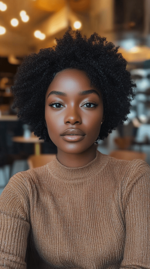 A woman with a short afro featuring a sharp side part for a stylish, structured look.