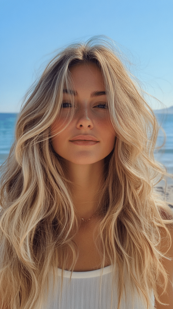 A woman with mushroom bronde hair enhanced by soft ash blonde highlights. Her long, tousled waves create a balanced, blended effect.