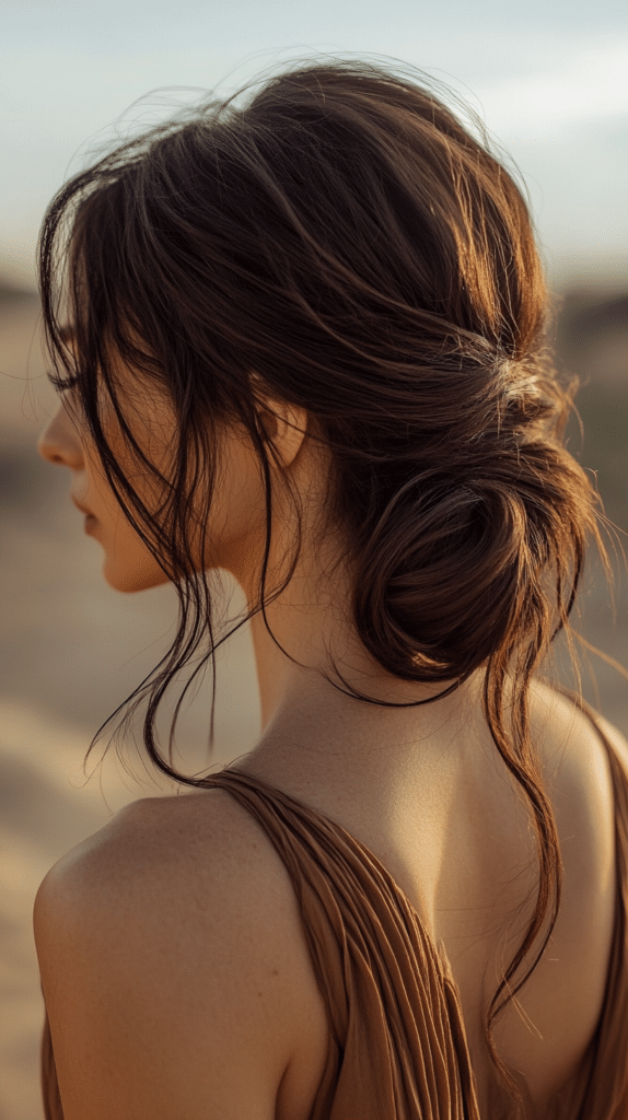 A woman with long, dark brown hair styled in an off-center asymmetrical low bun.