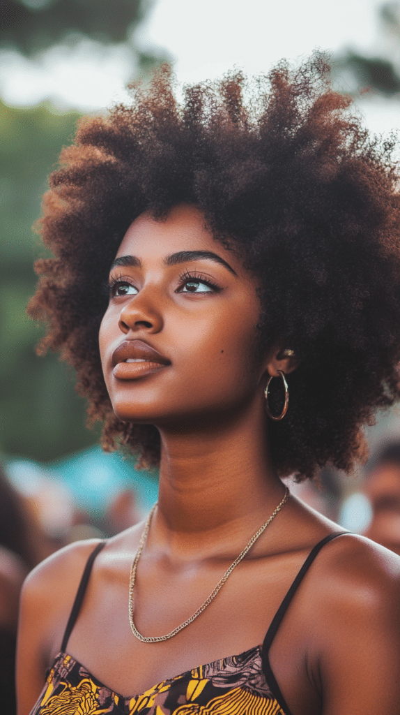 A woman with a bantu knot-out afro, creating bouncy, springy curls.