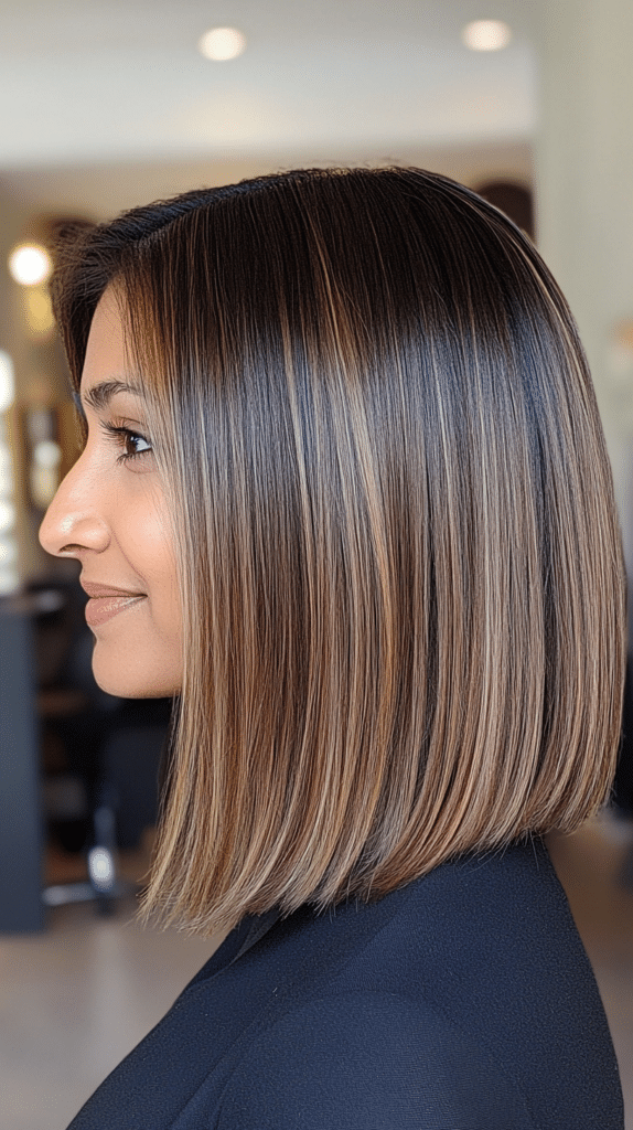 A woman with a sleek, blunt-cut bronde lob. The straight-cut ends give the hair a modern, polished look, with subtle highlights adding dimension.