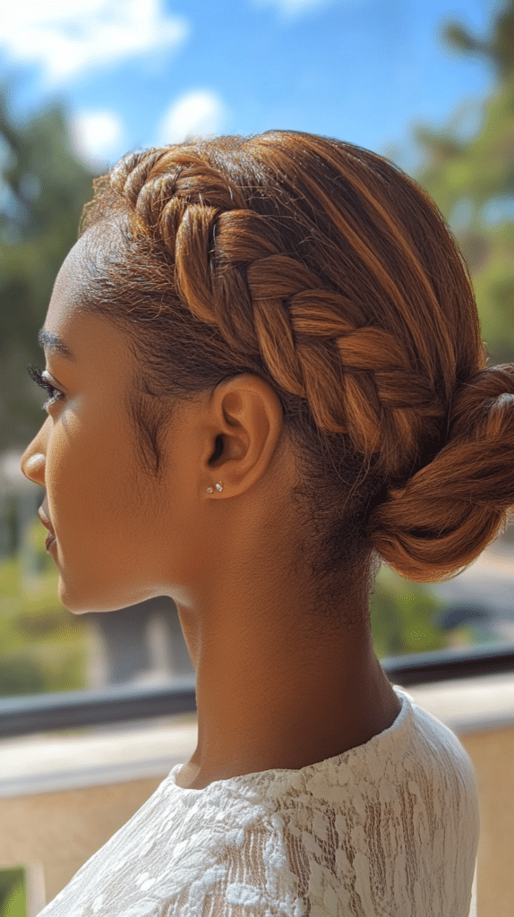 A woman with caramel-blonde hair styled in a braided low bun, captured in natural light.