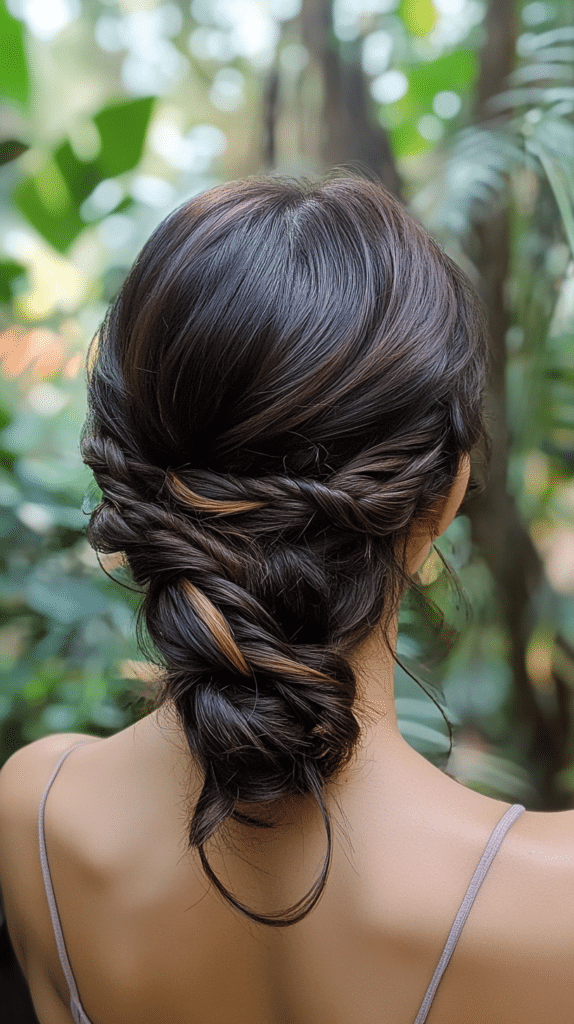 A woman with long dark hair and caramel highlights in a braided low bun.