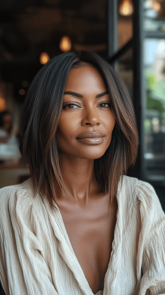 A woman with sleek, shoulder-length hair featuring bold bronde money piece highlights that frame her face, creating a statement contrast.