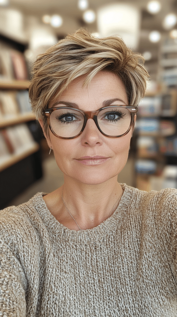A woman with a chic bronde pixie cut featuring soft blonde highlights. The textured layers add volume and movement to the short hairstyle.