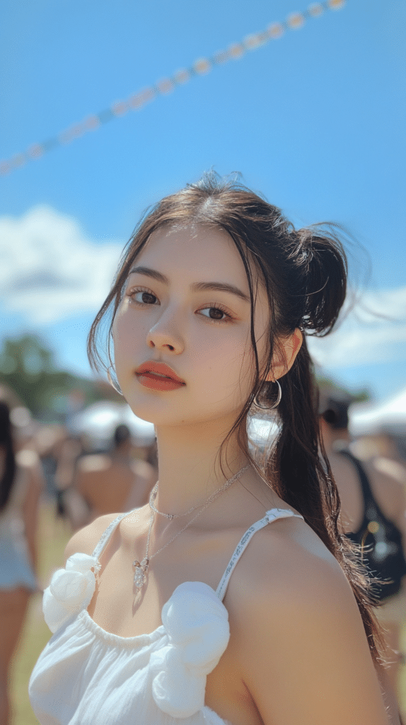 A woman with a bubble ponytail, styled with multiple hair ties for a fun and voluminous look.