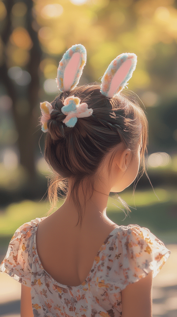 A girl with shoulder-length dark brown hair styled in a high bun, decorated with pastel bunny-ear clips, with a sunny park background.