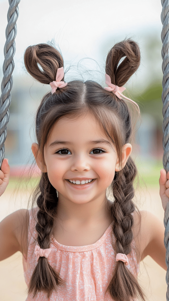 A girl with dark brown hair styled into bunny ear-shaped pigtails, playing on a swing set with a blurred playground background.