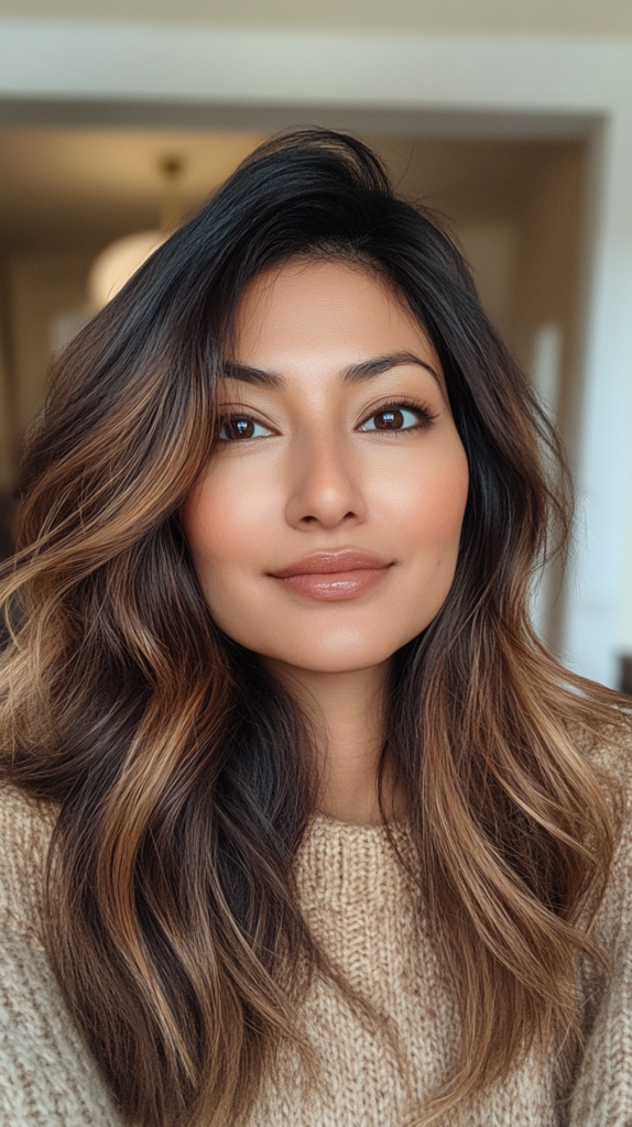 A woman with soft caramel bronde waves cascading over her shoulders. The warm honey and brunette tones create a glossy, dimensional finish.