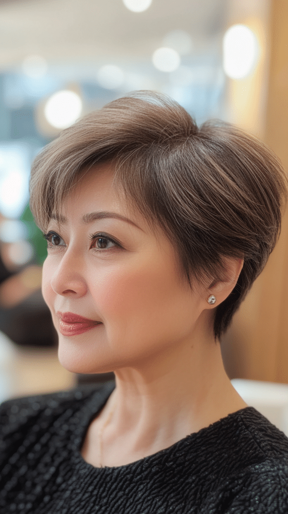 A stylish pixie cut with soft, side-swept bangs framing the face beautifully.